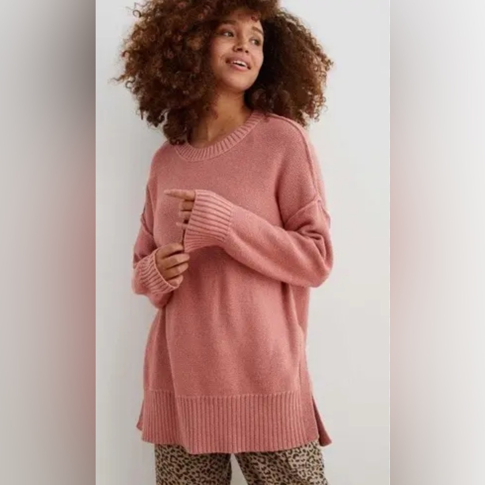 Aerie Dusty Rose Pink Oversized Cozy Sweater Small Crew Neck